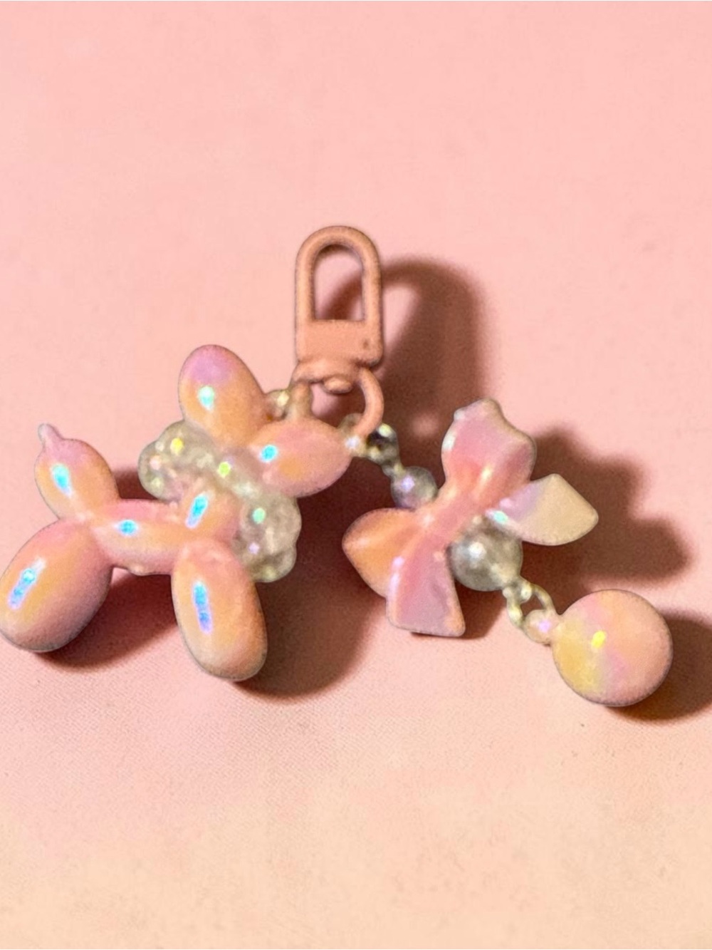 Cute Pink Balloon Dog & Bow Charm Keychain for Kids